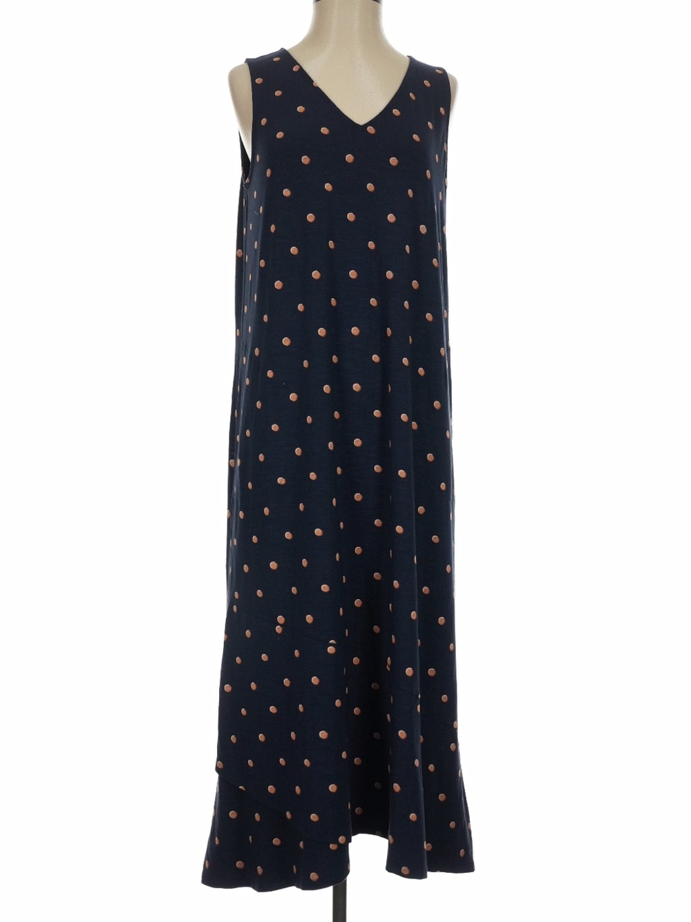 J. Jill Navy Midi/Maxi Dress with Tan/White Polka Dots - Petite Small